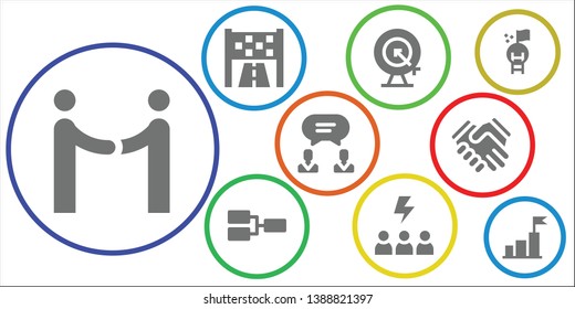 successful icon set. 9 filled successful icons.  Collection Of - Agreement, Goal, Competition, Motivation, Shake hands