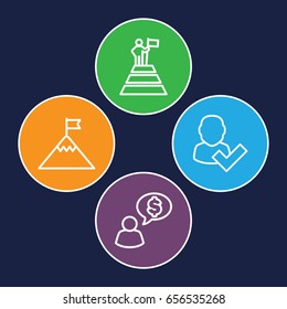 Successful icons set. set of 4 successful outline icons such as user and tick, man at the top of the mountain with flag, flag on mountain