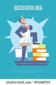 Successful idea banner with businessman in roman toga and laurel wreath standing on stack of folders, isolated vector illustration on blue background. Business growth. Big boss character. Startup idea