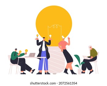 Successful idea generating, business brainstorming, creative discussion. Business people sharing ideas and thoughts vector flat illustration. Good ideas generating business concept by characters