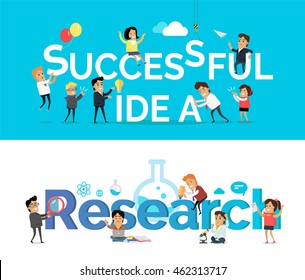 Successful idea and research vector banner. Flat design. Team brain storm, scientist work concept for business planning, scientific Infographics, creative process, market research illustrating.