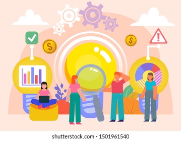 Successful idea, startup research team. Group of people stand near big idea light bulbs. Poster for social media, web page, banner, presentation. Flat design vector illustration