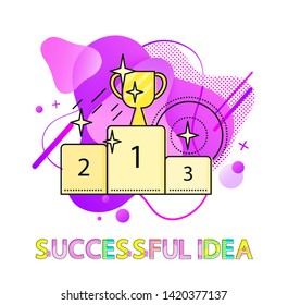 Successful idea vector, pedestal with levels and numbers, prize gold cup with star on first place, triumph for winner, victory abstract design flat style. First place winning in business or sport