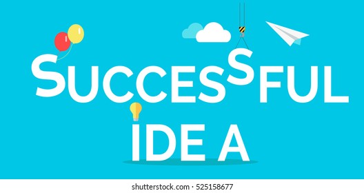 Successful idea web banner. Light bulb, crane hook, clouds, paper plane isolated flat vectors.  Business process. Teamwork and brainstorming concept. For creative company landing page  