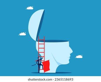 Successful ideas. Businessman holding a victory flag climbs the stairs on a big head