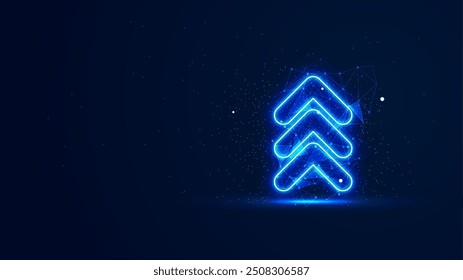 Successful illustration in the blue neon light style. Futuristic up arrow symbol with plexus lines and glitter particles. 3D abstract low poly copy space in the dark background