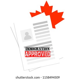 Successful Immigration Canadian visa approved. Contract or white document with text, photo and Canada red maple leaf. Concept of government programs, application agreements. Work live and study 