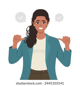 Successful Indian business woman dressed in suit with confidence, pointing herself with fingers proud. Flat Vector Illustration Isolated on White Background