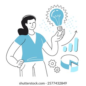 Successful innovative idea in business. Woman holds light bulb. Research, organization and planning of data