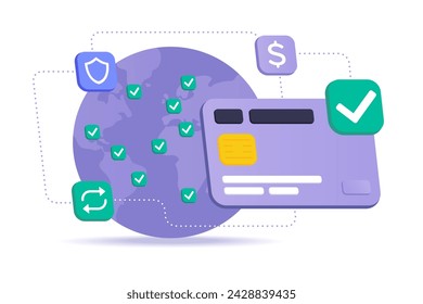 Successful International Payment Concept. Cross-Border Money Transfer Using Dollar as International Currency. Big Credit Card, Globe and Financial Icons in Isometric style. Vector Illustration