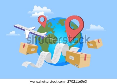 A successful international shipping process for global e-commerce is shown in this logistics concept. An airplane delivers packages , cargo worldwide, with a receipt symbolizing the order and customs.