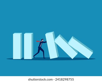 Successful intervention. Businessman stops domino effect