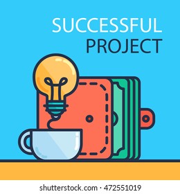 Successful investing concept. Bank holding. Financial budget banner. Money from idea, purse. Patent symbol. Vector