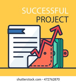Successful investing concept. Bank holding. Financial budget banner. Money, document, purse and graph. Earnings and payments symbol. Patent illustration. Vector