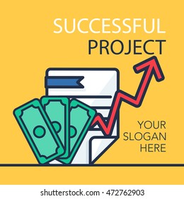 Successful investing concept. Bank holding. Financial budget banner. Money, document and graph. Earnings and payments symbol. Patent illustration. Vector