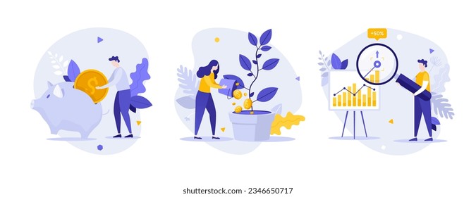 Successful investment concept flat vector illustrations set. Money savings growth. Financial analytics cartoon compositions for web design. Creative idea for website, mobile, presentation