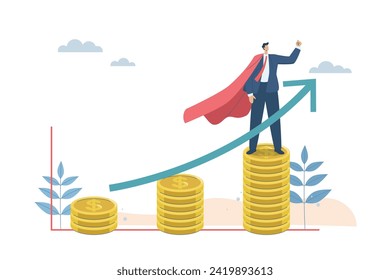 Successful investment growth, Profit or compound interest, Increased wealth from good planning, Financial success concept, Hero businessman standing on a pile of gold coins. Vector illustration.