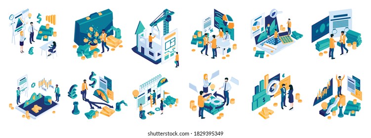 Successful investment isometric set with risk managing strategy project plan adjusting  presentations analytics cooperation profit vector illustration