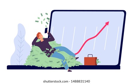 Successful investment. Man makes profit from money invested concept. Flat rich businessman character woth money and laptop vector illustration