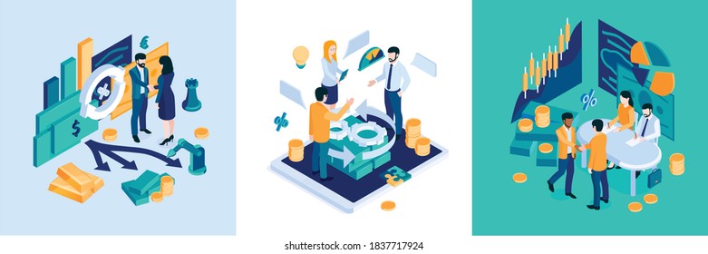 Successful investment strategy concept 3 isometric compositions with risk managing solutions project plan adjusting analytics vector illustration 