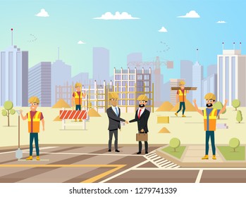 Successful Investments in Real Estate Flat Vector Concept with Satisfied Business Partners in Helmets Making Deal and Shaking Hands, Happy Smiling Builders Working on Construction Site Illustration