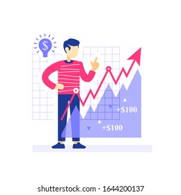 Erfolgreicher Investor, Wachstumspfeil, Anlagestrategie, Börsenportfolio, Umsatzsteigerung, mehr verdienen, Finanzmanagement, Hedge Fonds, Asset Allokation, Vektorillustration-Flach-Illustration