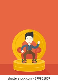 A successful japanese businessman smiling while sitting like a king on a heap of money. Achievement concept. A Contemporary style with pastel palette, orange tinted background. Vector flat design