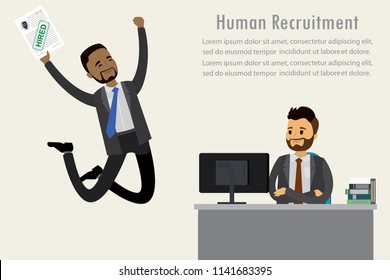 Successful job interview, job search concept, human resources,joyful jumping african american male with resume,cartoon vector illustration