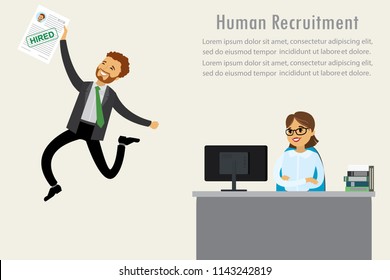 Successful job interview, job search concept, human resources,joyful caucasian male with resume,cartoon vector illustration