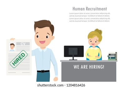 Successful job interview, job search concept, human resources,joyful caucasian male with approved cv and woman employer,cartoon vector illustration