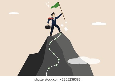 Successful journey, able to overcome obstacles or achieve goals, growth for success, mountain climbing mission concept, successful businessman on hilltop milestone path. Successful businessman.