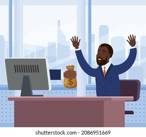Successful joyful businessman receives a bag of money from the computer screen. Earn money online, financial success, win lottery prize. Vector illustration flat cartoon style