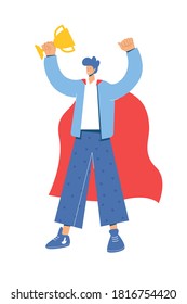 Successful joyful man in a red cloak holds a cup in his hand and celebrates a victory. Flat character in trendy style. Vector illustration.
