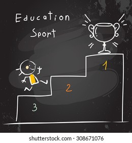 Successful Kid Running, Winning First Place, Cup. Chalk On Blackboard Doodle Style Education Concept Vector Illustration.