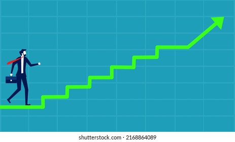 Successful ladder path. Businessman going up the arrow stairs. vector illustration