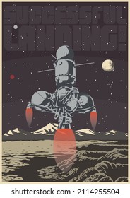 Successful landing! Retro Space Propaganda Posters style Illustration, Landing Module, Extraterrestrial Landscape