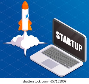 Successful launch of start up. Rocket launch. Laptop with rocket. Takeoff phase of the flight, orbital spaceflights in air, business startup symbol. Vector isometric illustration on tech background.