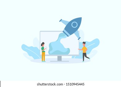 Successful launch of startup. Business Startup launching product with rocket concept vector illustration concept for web landing page template, banner, flyer and presentation