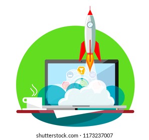 Successful launch of startup in a flat style.