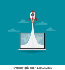 Successful launch of startup, Rocket flying out of laptop screen, Start up business concept, Vector illustration 