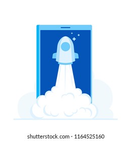Successful launch of startup. Rocket Start to air from phone screen. Modern flat style vector illustration.