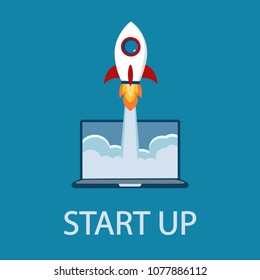 Successful launch of startup. SMM. Promotion in social networks. blue background.