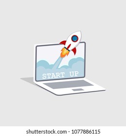 Successful launch of startup. SMM. Promotion in social networks. blue background.