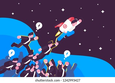 Successful launch of startup vector illustration. Business rocket startup concept for new project. Spacecraft with men flying to open cosmic space flat style