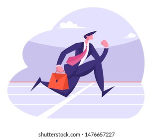 Successful Leader Business Man Character Running Sprint Race on Stadium Holding Briefcase in Hand. Businessman Crossing Finish Line. Leadership Competition Challenge Cartoon Flat Vector Illustration