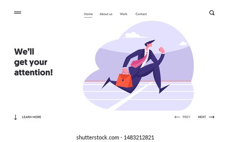 Successful Leader Business Man Character Running Sprint Race Website Landing Page. Businessman Crossing Finish Line. Leadership Competition Challenge Web Page Banner. Cartoon Flat Vector Illustration