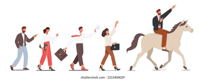 Successful Leader Businessman Riding Horse Leading Group of Colleagues. Boss Character Showing Right Direction, Goal Achievement, Leadership, Career Aspirations. Cartoon People Vector Illustration