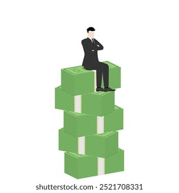 A successful leader visionary businessman sitting confidently on a stack of banknotes. Concepts of money, investment, wealth, financial growth, and strategic business decisions in competitive economy.
