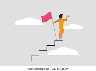 Successful leader woman confidently looks into the future through binoculars. Woman stands on stairs and holds flag as a leader. Challenge and achievement of a woman in a company. Vector illustration