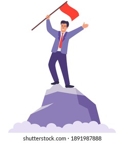 Successful leader.Achieving success. Happy businessman with a flag on the top of the mountain. Vector flat .